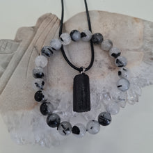 Load image into Gallery viewer, Black Tourmaline and Quartz Bracelet and Necklace Boxset