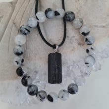 Load image into Gallery viewer, Black Tourmaline and Quartz Bracelet and Necklace Boxset