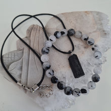 Load image into Gallery viewer, Black Tourmaline and Quartz Bracelet and Necklace Boxset