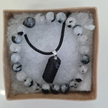 Load image into Gallery viewer, Black Tourmaline and Quartz Bracelet and Necklace Boxset