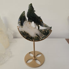 Load image into Gallery viewer, Moss Agate Moon Howling Wolf