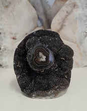 Load image into Gallery viewer, Black Galaxy Amethyst with Stalactite Eyes Cutbase