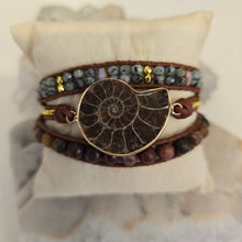 Load image into Gallery viewer, Natural Ammonite Fossil, Jasper & African Turquoise Wrap Bracelet