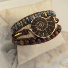 Load image into Gallery viewer, Natural Ammonite Fossil, Jasper & African Turquoise Wrap Bracelet