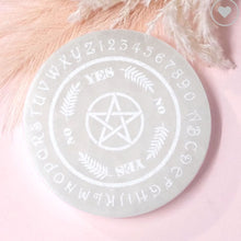 Load image into Gallery viewer, Selenite Round Engraved Pendulum Dowsing Plate