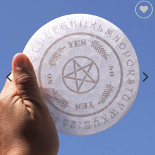 Load image into Gallery viewer, Selenite Round Engraved Pendulum Dowsing Plate
