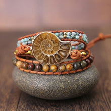 Load image into Gallery viewer, Natural Ammonite Fossil, Jasper & African Turquoise Wrap Bracelet