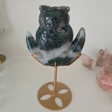 Load image into Gallery viewer, Moss Agate Owl on Moon