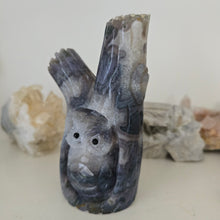 Load image into Gallery viewer, Moss Agate Owl in Tree Stump