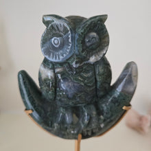 Load image into Gallery viewer, Moss Agate Owl on Moon