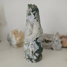 Load image into Gallery viewer, Moss Agate Owl in Tree Stump