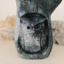 Load image into Gallery viewer, Moss Agate Owl in Tree Stump