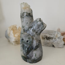 Load image into Gallery viewer, Moss Agate Owl in Tree Stump