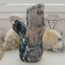 Load image into Gallery viewer, Moss Agate Owl in Tree Stump