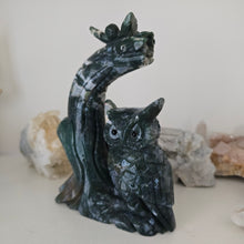 Load image into Gallery viewer, Moss Agate Owl Tree Branch with Butterfly
