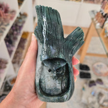 Load image into Gallery viewer, Moss Agate Owl in Tree Stump