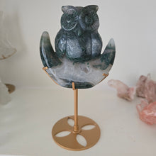 Load image into Gallery viewer, Moss Agate Owl on Moon