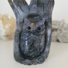 Load image into Gallery viewer, Moss Agate Owl in Tree Stump