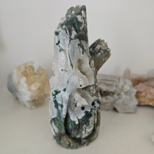 Load image into Gallery viewer, Moss Agate Owl in Tree Stump