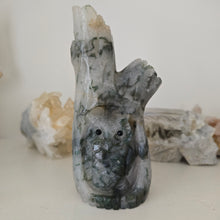 Load image into Gallery viewer, Moss Agate Owl in Tree Stump
