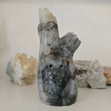 Load image into Gallery viewer, Moss Agate Owl in Tree Stump