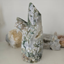 Load image into Gallery viewer, Moss Agate Owl in Tree Stump