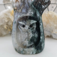 Load image into Gallery viewer, Moss Agate Owl in Tree Stump