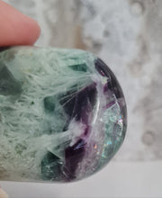 Load image into Gallery viewer, Feather Fluorite Palmstone with Rainbows