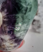 Load image into Gallery viewer, Feather Fluorite Palmstone with Rainbows