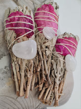 Load image into Gallery viewer, Smudge Stick - White Sage, Rose Petals and Quartz
