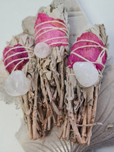 Load image into Gallery viewer, Smudge Stick - White Sage, Rose Petals and Quartz