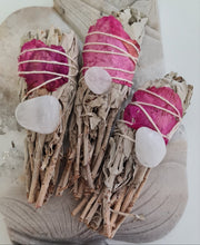 Load image into Gallery viewer, Smudge Stick - White Sage, Rose Petals and Quartz