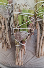 Load image into Gallery viewer, Smudge Stick - White Sage, Mitron Leaves, Rosemary and Quartz