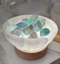 Load image into Gallery viewer, Selenite Cleansing Bowl with Green Fluorite Lamp