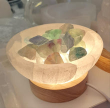 Load image into Gallery viewer, Selenite Cleansing Bowl with Green Fluorite Lamp