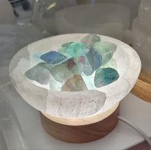 Load image into Gallery viewer, Selenite Cleansing Bowl with Green Fluorite Lamp