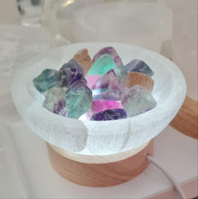 Load image into Gallery viewer, Selenite Cleansing Bowl with Rainbow Fluorite Lamp