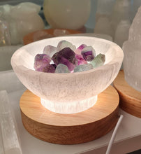 Load image into Gallery viewer, Selenite Cleansing Bowl with Rainbow Fluorite Lamp