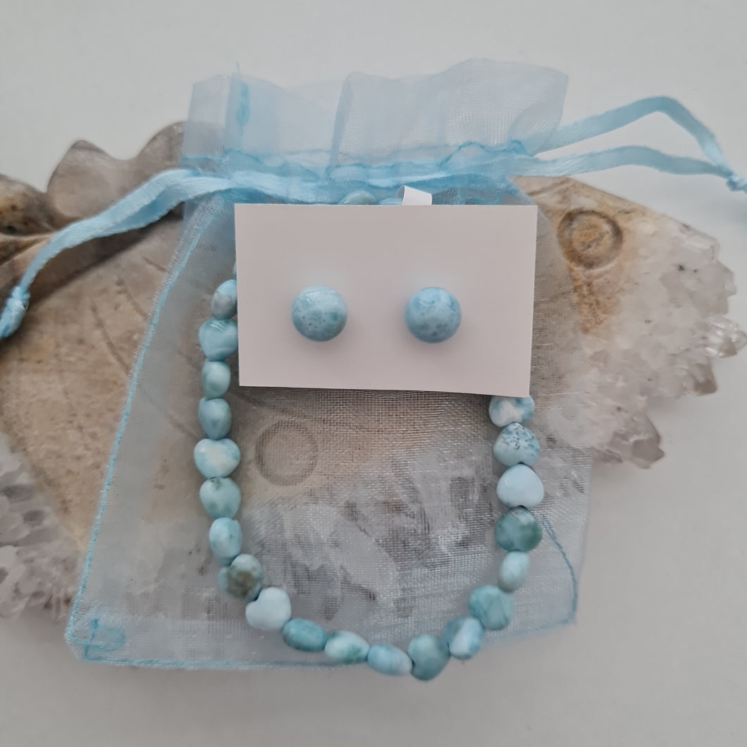 Larimar Heart Bracelet and Stud Ear-ring Gift Set