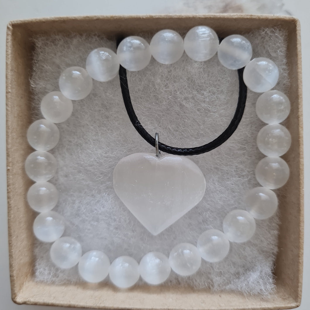 Selenite Bracelet and Heart Necklace Boxset