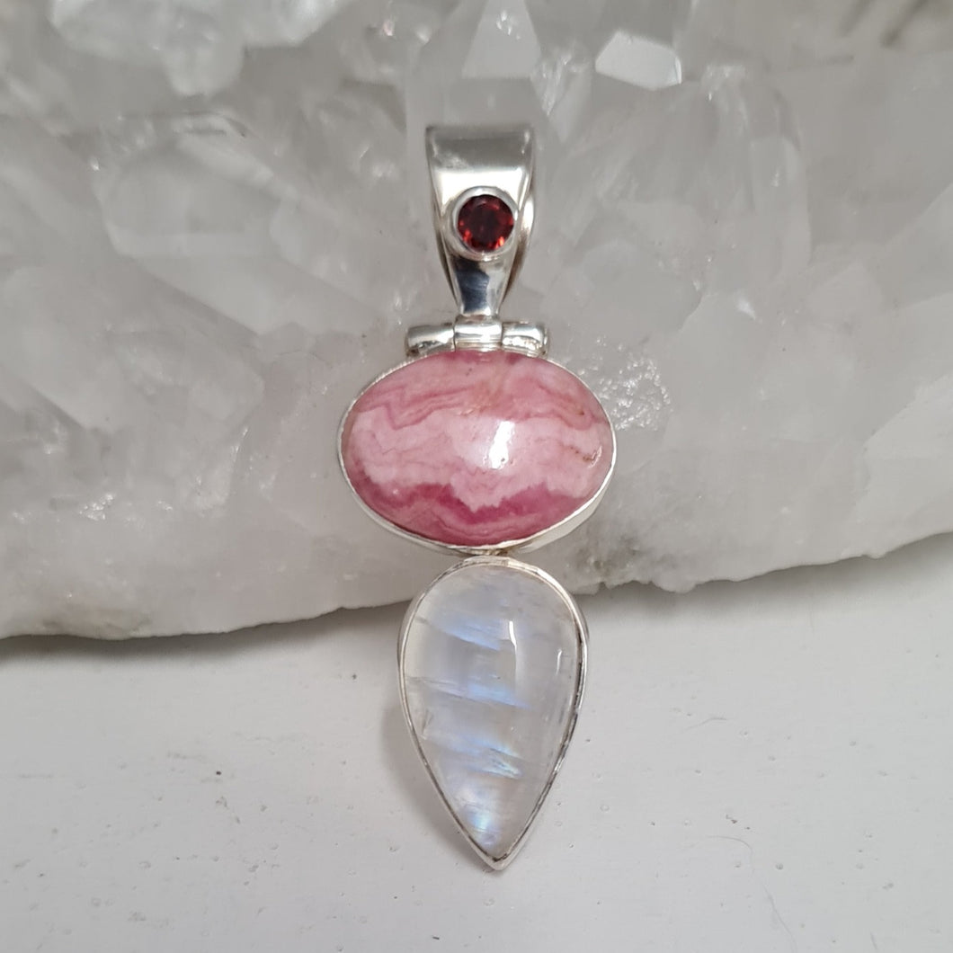 Rhodochrosite and Moonstone Sterling Silver Pendant
