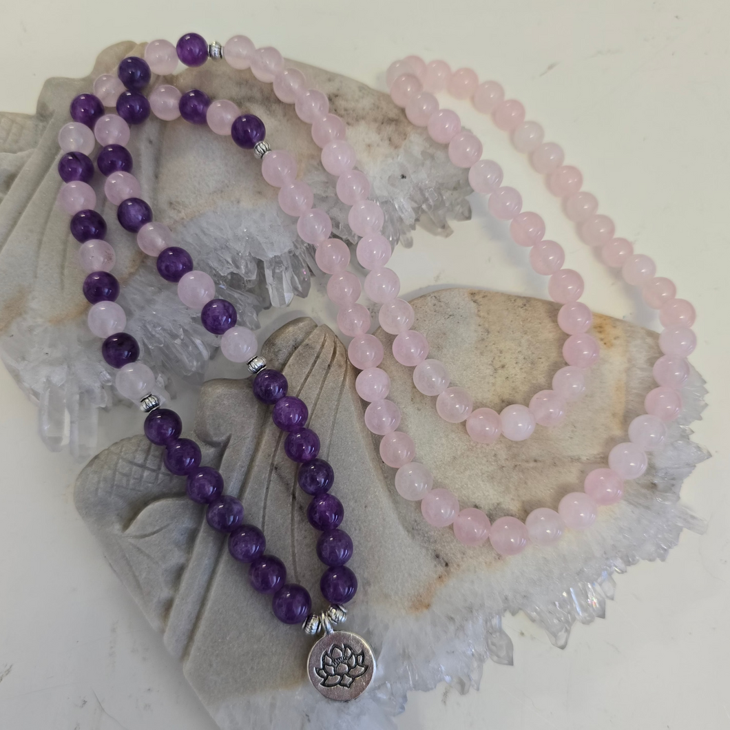 108 Rose Quartz and Amethyst Mala Necklace/Bracelet
