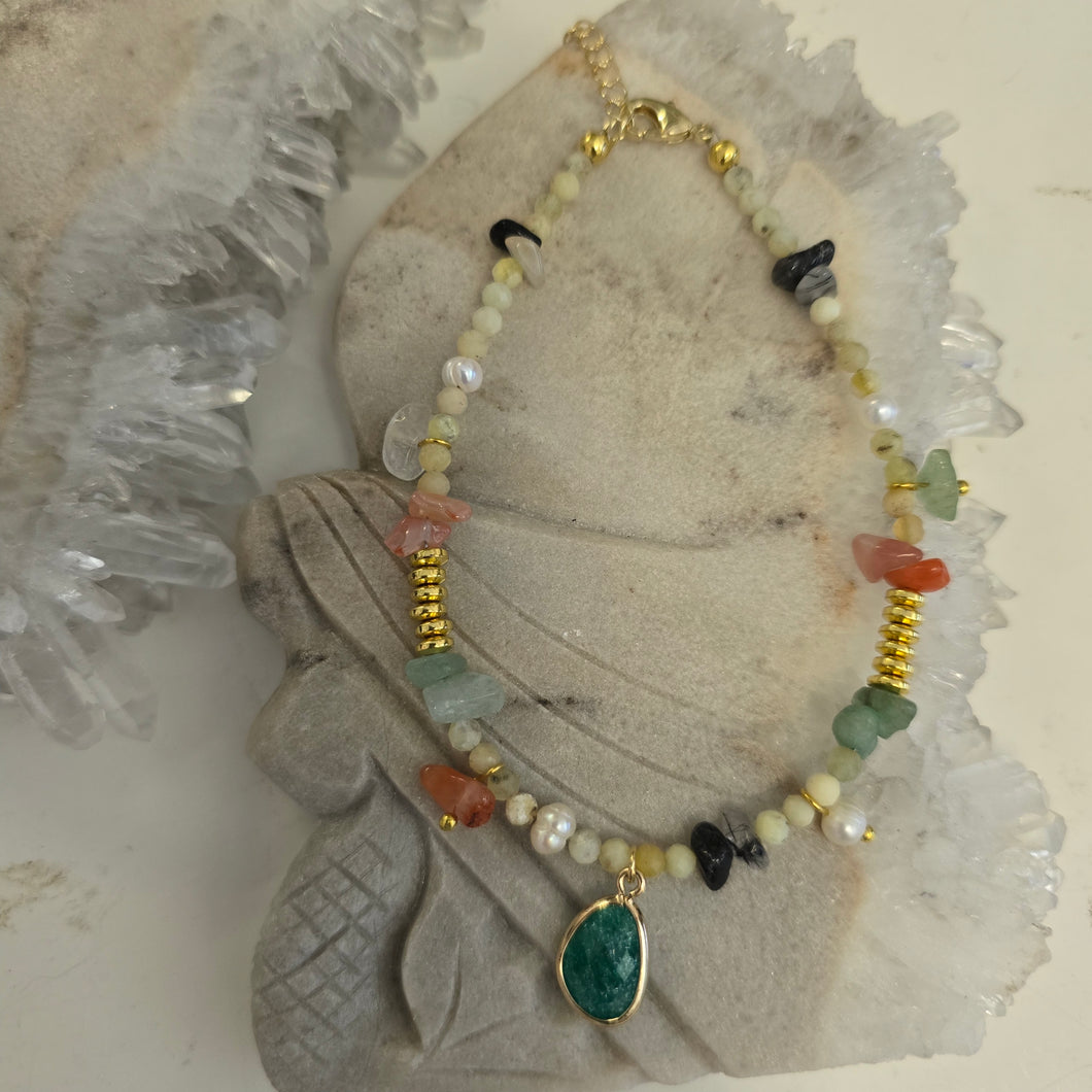 Green Aventurine, Unakite & Carnelian Bead Anklet