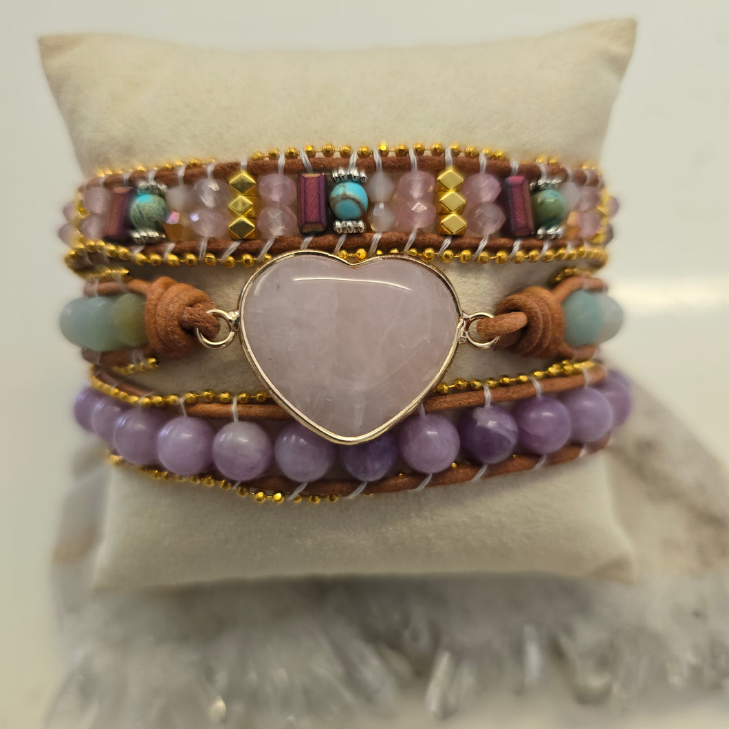 Rose Quartz Heart and Amazonite Wrap Bracelet