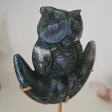 Load image into Gallery viewer, Moss Agate Owl on Moon
