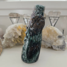 Load image into Gallery viewer, Moss Agate Owl in Tree Stump
