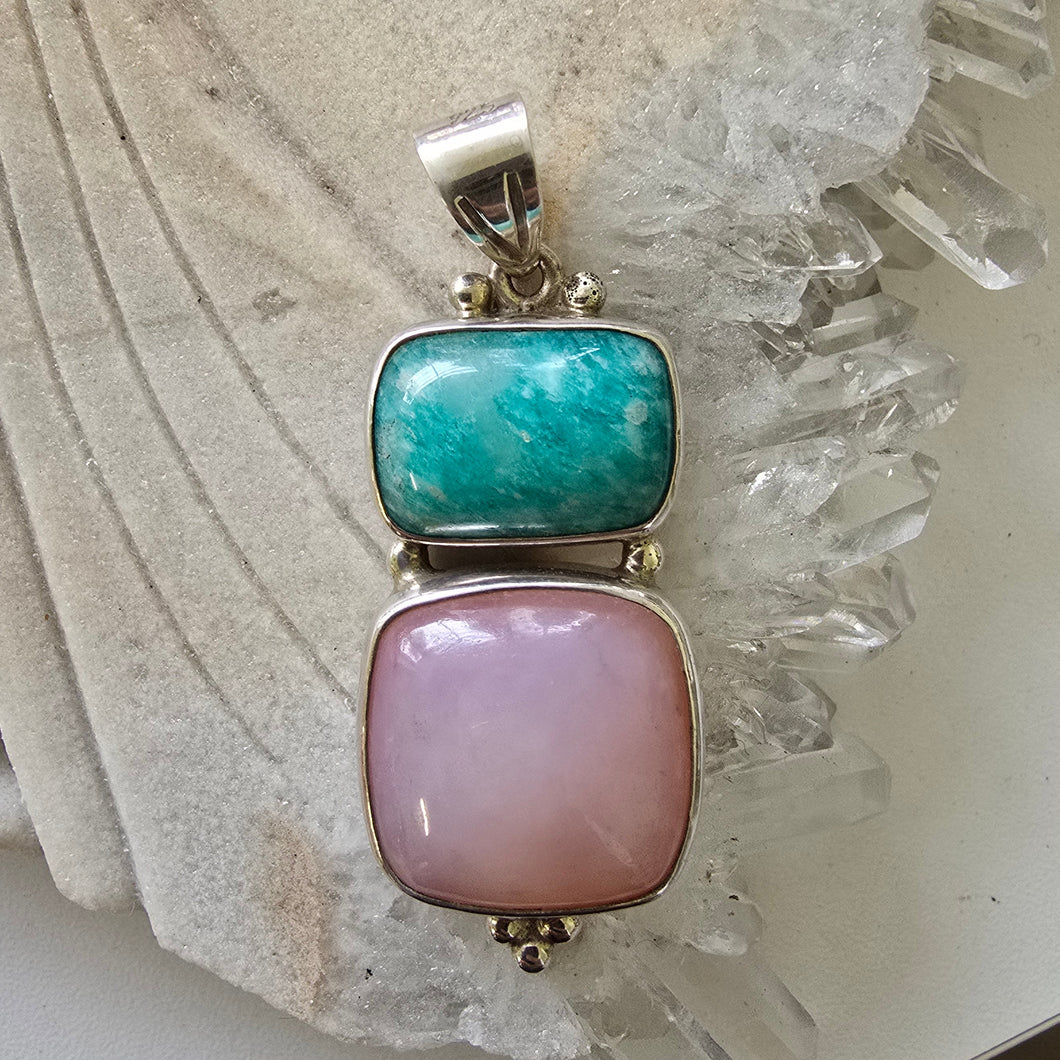 Amazonite and Pink Opal Sterling Silver Pendant