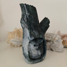 Load image into Gallery viewer, Moss Agate Owl in Tree Stump
