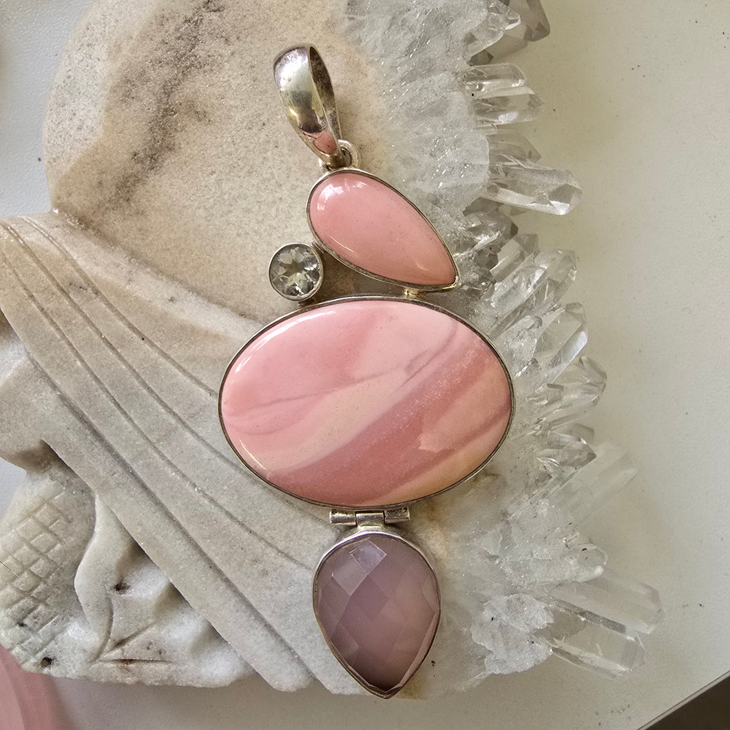 Rose Quartz, Clear Quartz, and Pink Opal Sterling Silver Pendant