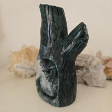 Load image into Gallery viewer, Moss Agate Owl in Tree Stump
